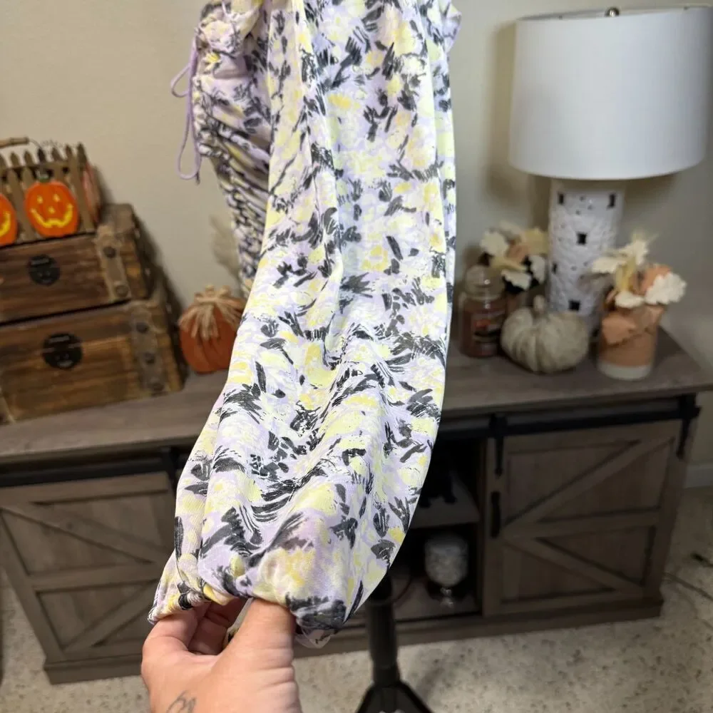 Free People Mabel Floral Tie Blouse Lilac Balloon Sleeve Sz S Boho Cottage